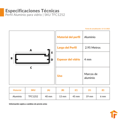 TFC1252_Perfil Aluminio TFC1252 para Vidrio_Especificaciones Tecnicas_